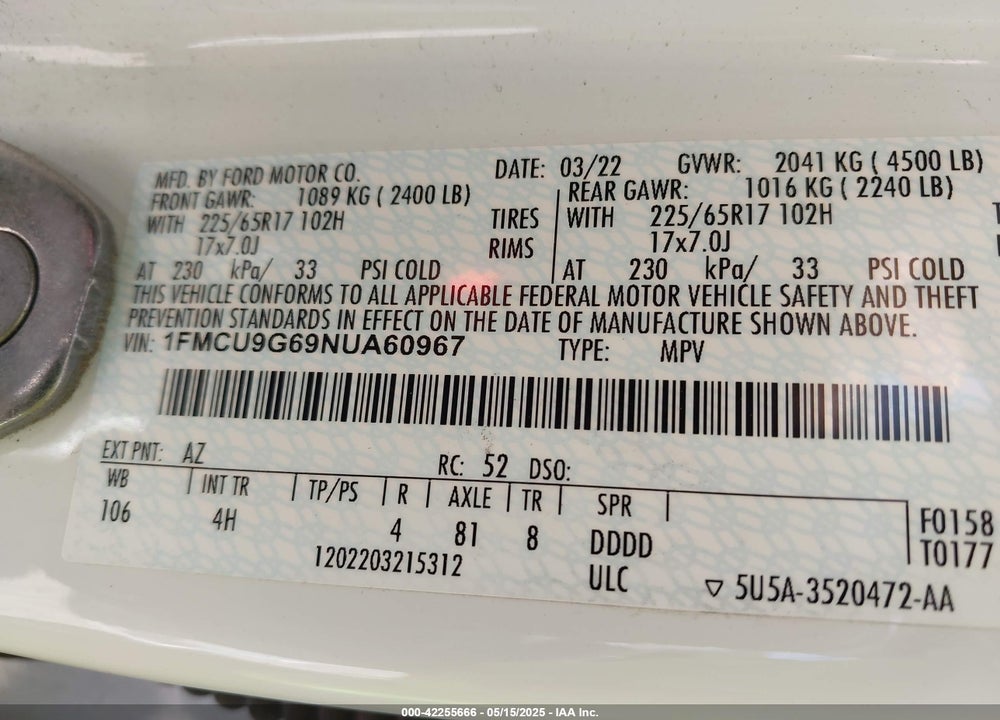 2022 FORD ESCAPE SE VIN: 1FMCU9G69NUA60967