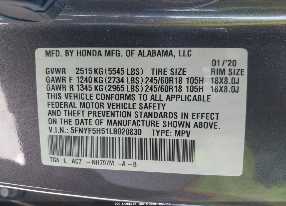2020 HONDA PILOT 2WD EX-L VIN: 5FNYF5H51LB020830