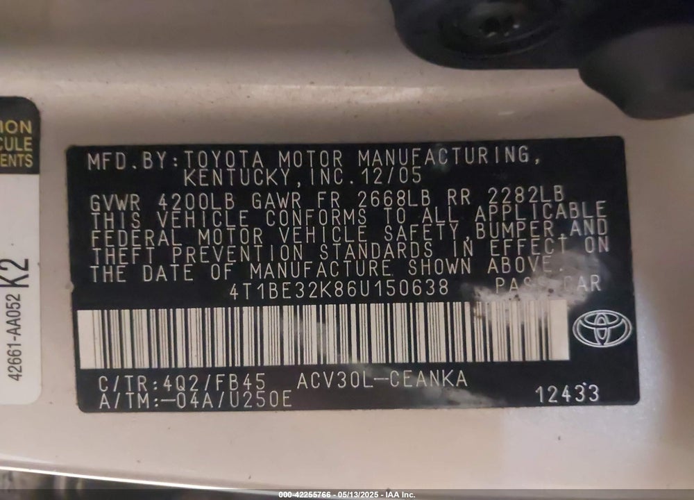 2006 TOYOTA CAMRY VIN: 4T1BE32K86U150638