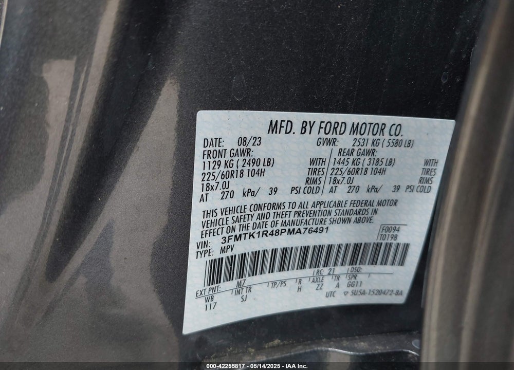 2023 FORD MUSTANG MACH-E VIN: 3FMTK1R48PMA76491