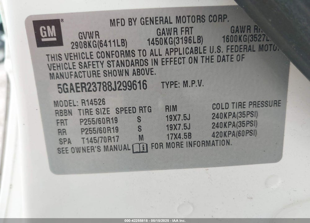 2008 BUICK ENCLAVE CXL VIN: 5GAER23788J299616