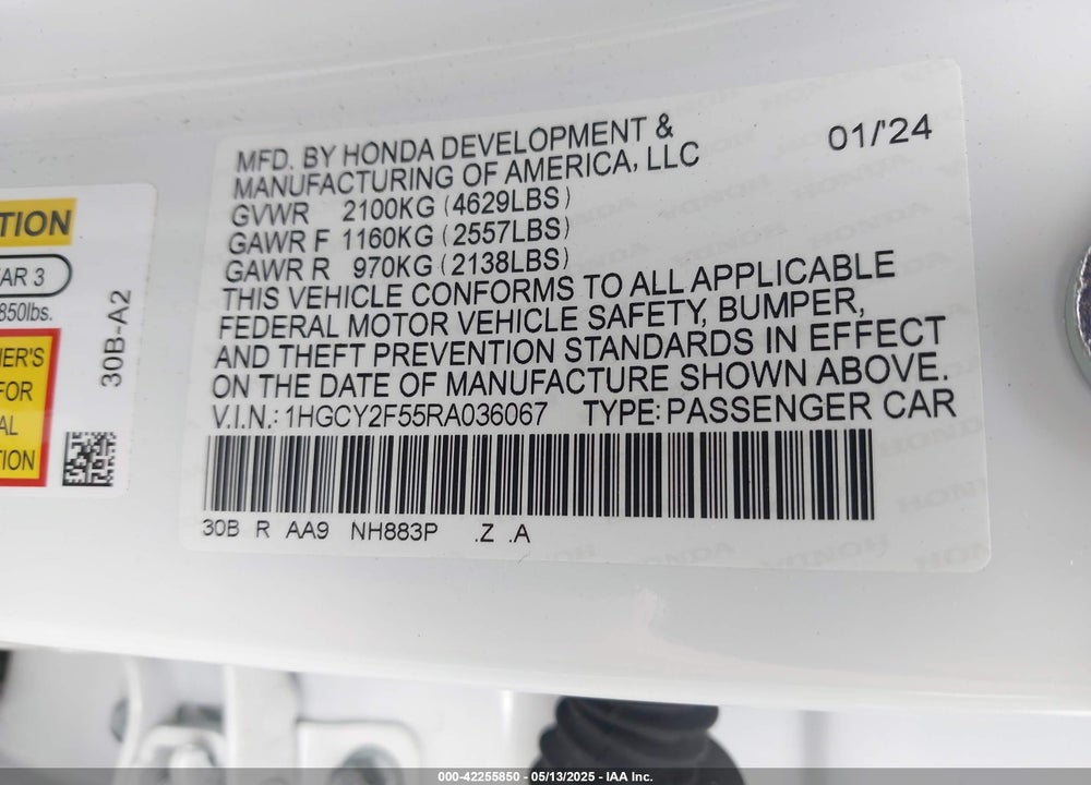 2024 HONDA ACCORD VIN: 1HGCY2F55RA036067