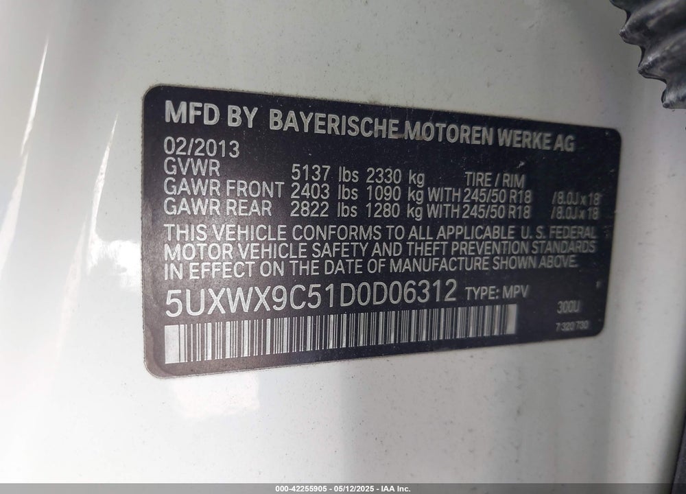 2013 BMW X3 VIN: 5UXWX9C51D0D06312