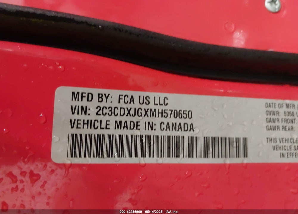 2021 DODGE CHARGER VIN: 2C3CDXJGXMH570650