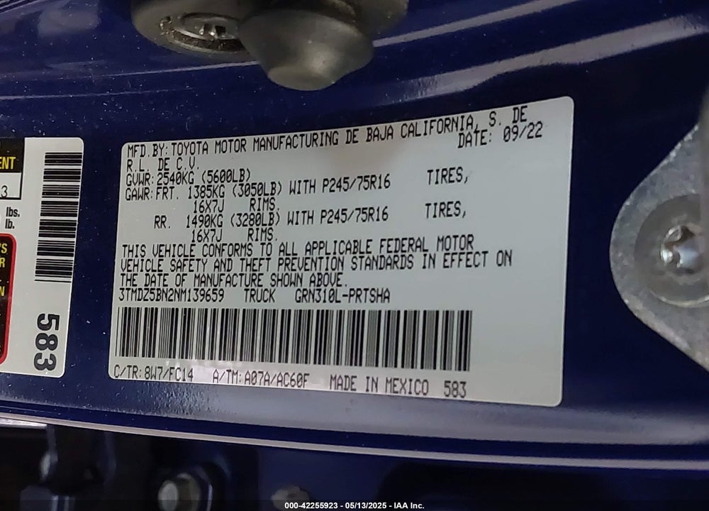 2022 TOYOTA TACOMA SR5 V6 VIN: 3TMDZ5BN2NM139659