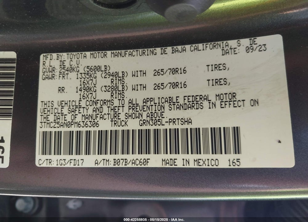 2023 TOYOTA TACOMA TRD OFF ROAD VIN: 3TMCZ5AN0PM636306
