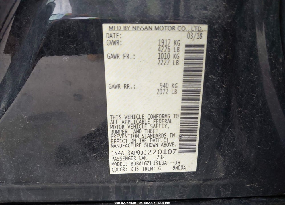 2018 NISSAN ALTIMA 2.5 S VIN: 1N4AL3AP0JC220107