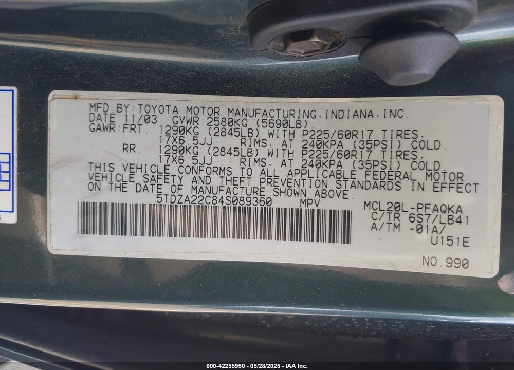 2004 TOYOTA SIENNA VIN: 5TDZA22C84S089360