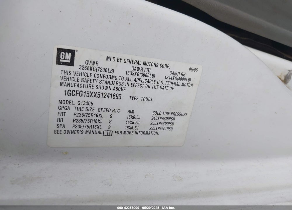 2005 CHEVROLET EXPRESS VIN: 1GCFG15XX51241695