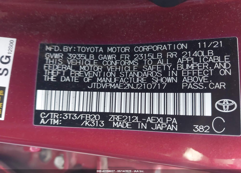 2022 TOYOTA COROLLA VIN: JTDVPMAE2NJ210717