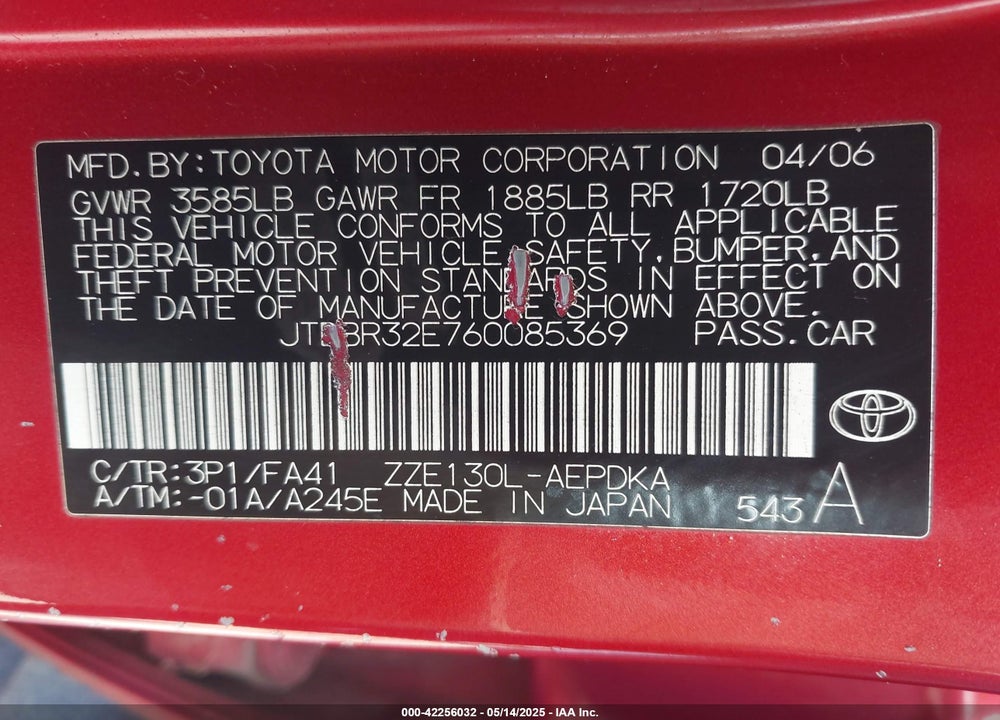 2006 TOYOTA COROLLA VIN: JTDBR32E760085369