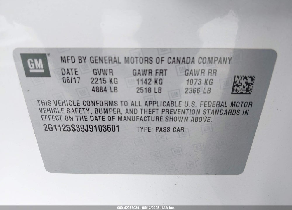 2018 CHEVROLET IMPALA VIN: 2G1125S39J9103601
