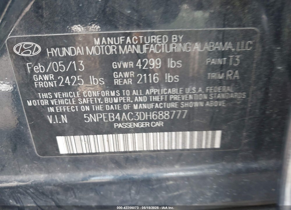 2013 HYUNDAI SONATA GLS VIN: 5NPEB4AC3DH688777