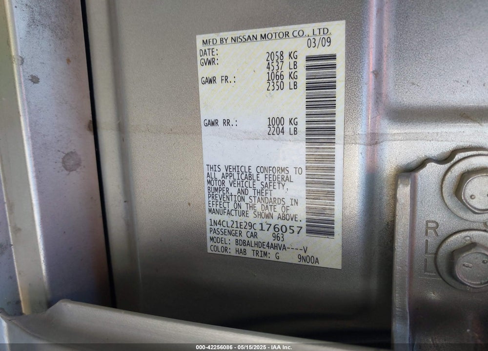2009 NISSAN ALTIMA HYBRID VIN: 1N4CL21E29C176057