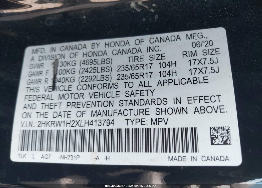 2020 HONDA CR-V VIN: 2HKRW1H2XLH413794