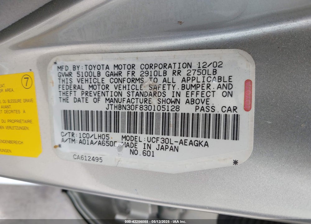 2003 LEXUS LS 430 VIN: JTHBN30F830105128
