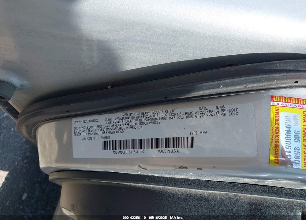 2007 SUBARU OUTBACK VIN: 4S4BP61C777305881