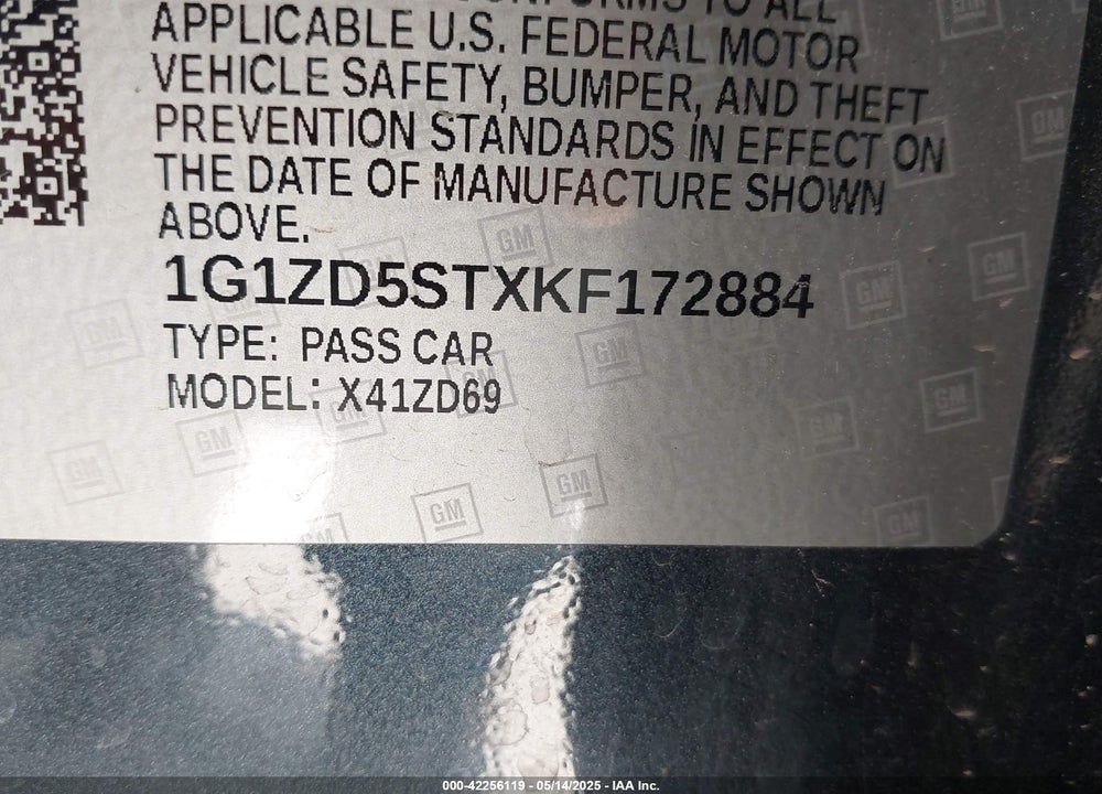 2019 CHEVROLET MALIBU VIN: 1G1ZD5STXKF172884