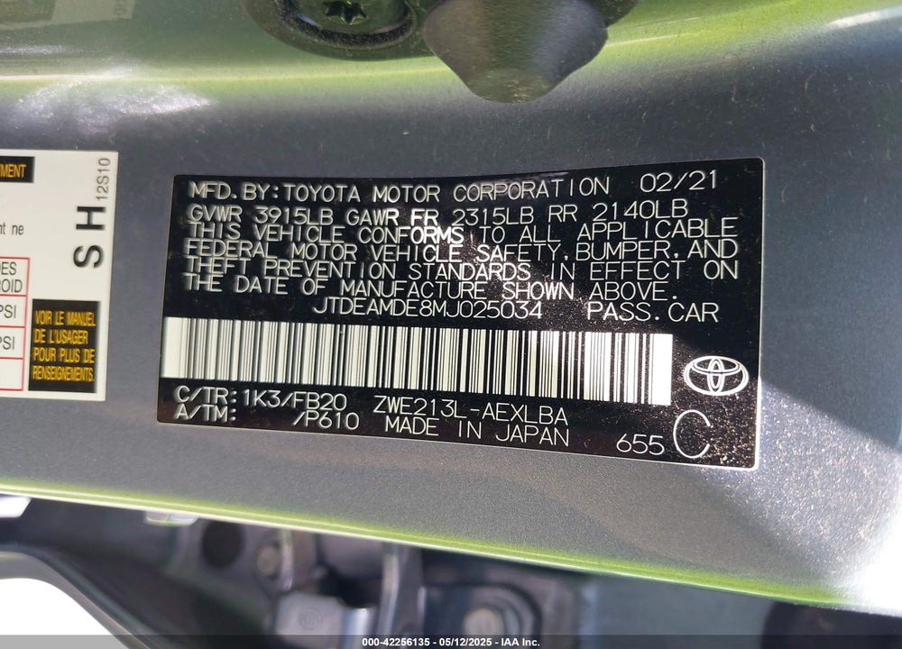 2021 TOYOTA COROLLA VIN: JTDEAMDE8MJ025034