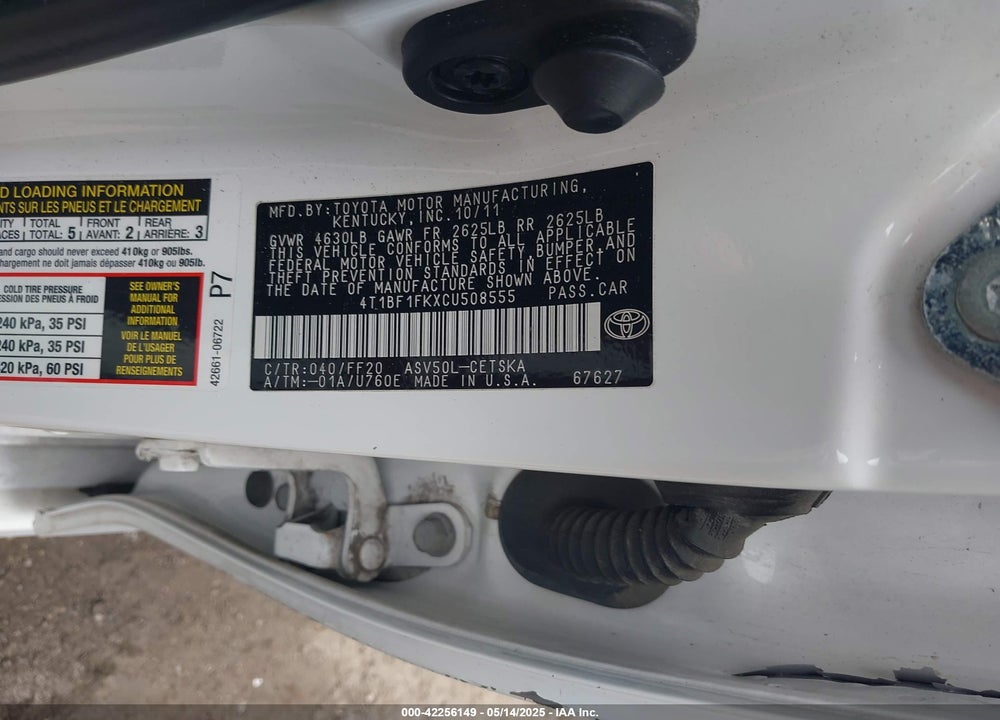 2012 TOYOTA CAMRY VIN: 4T1BF1FKXCU508555