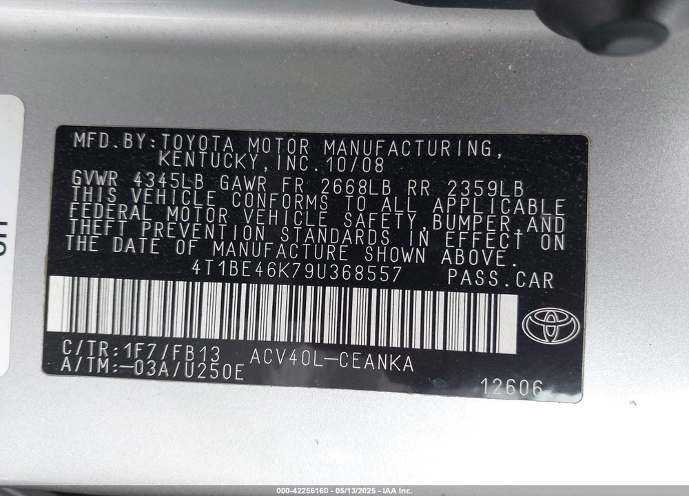 2009 TOYOTA CAMRY VIN: 4T1BE46K79U368557