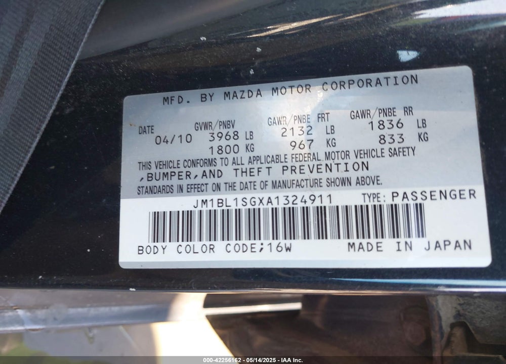 2010 MAZDA 3 VIN: JM1BL1SGXA1324911