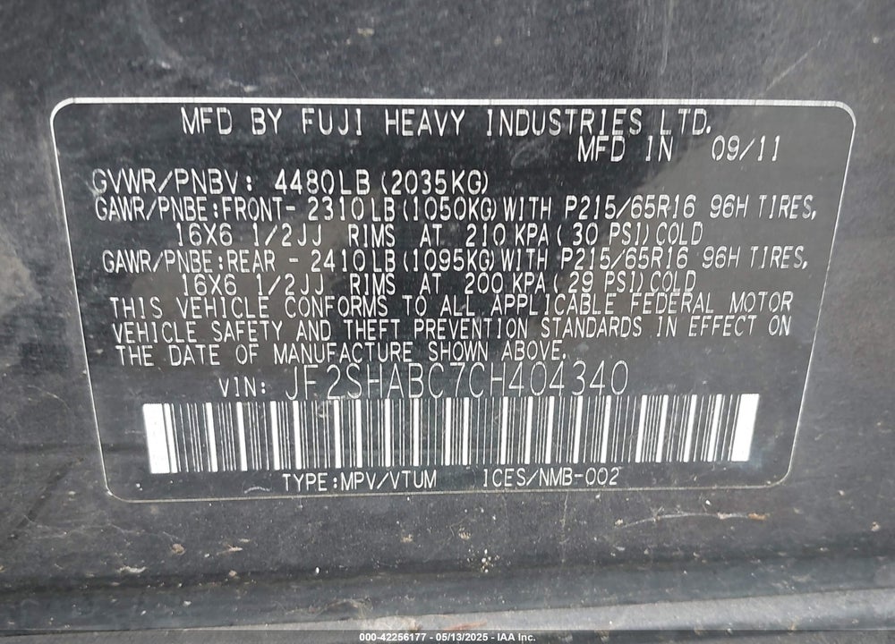 2012 SUBARU FORESTER 2.5X VIN: JF2SHABC7CH404340