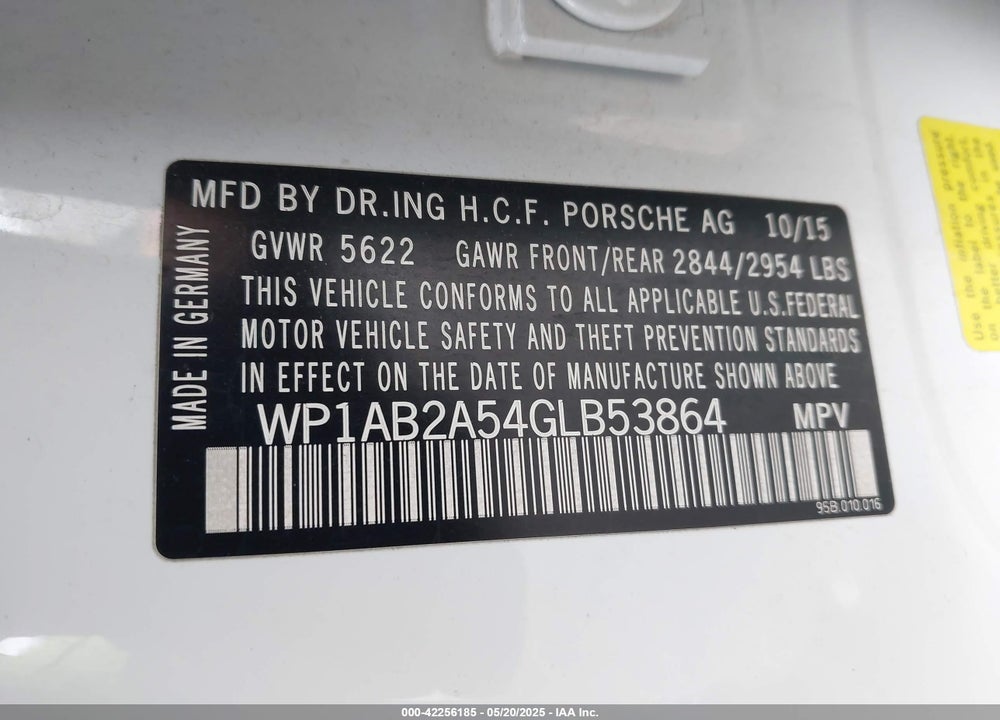 2016 PORSCHE MACAN VIN: WP1AB2A54GLB53864