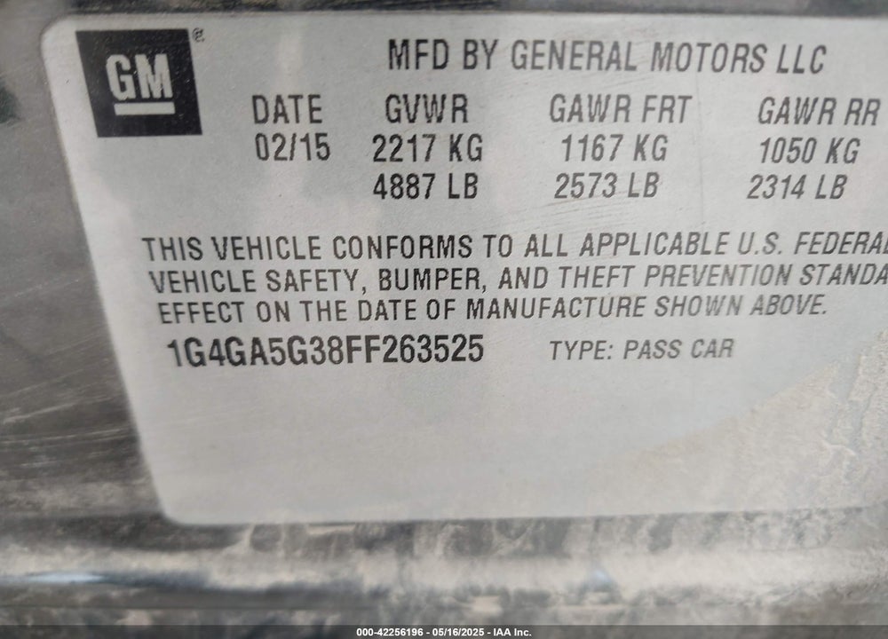 2015 BUICK LACROSSE VIN: 1G4GA5G38FF263525