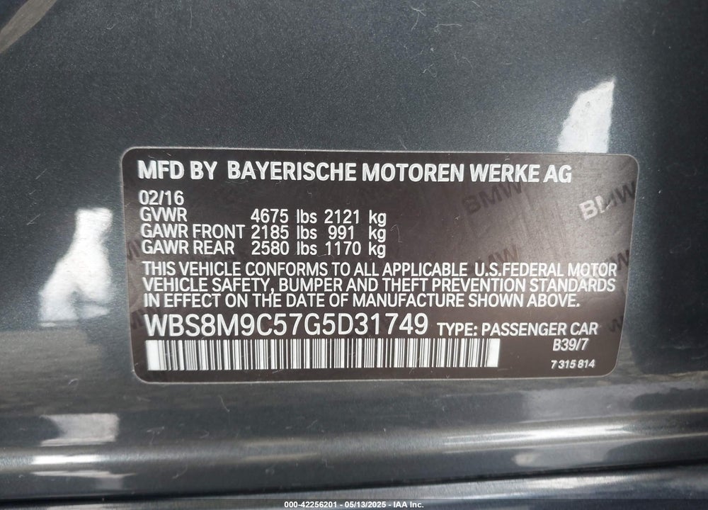2016 BMW M3 VIN: WBS8M9C57G5D31749