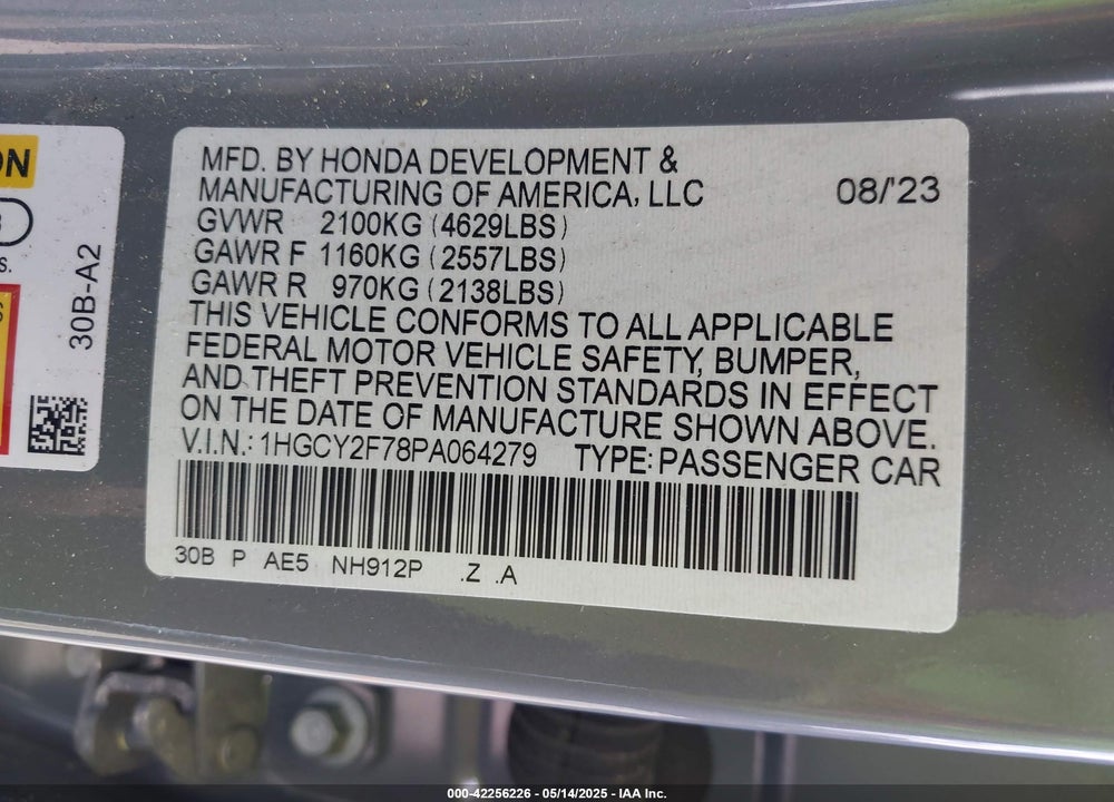 2023 HONDA ACCORD VIN: 1HGCY2F78PA064279