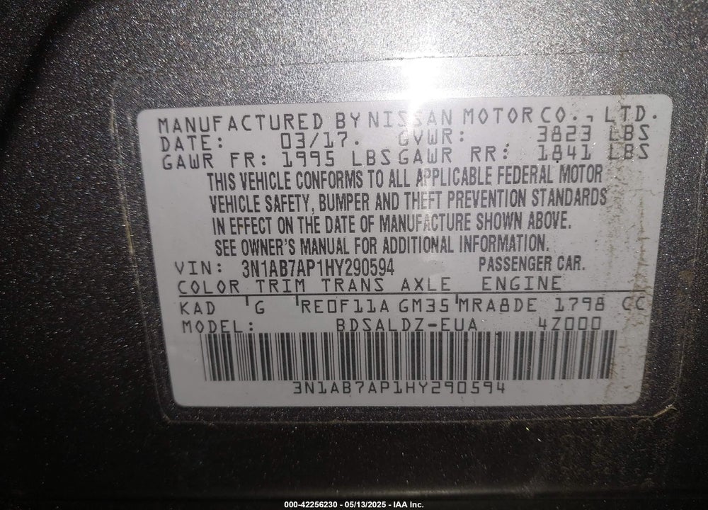 2017 NISSAN SENTRA VIN: 3N1AB7AP1HY290594