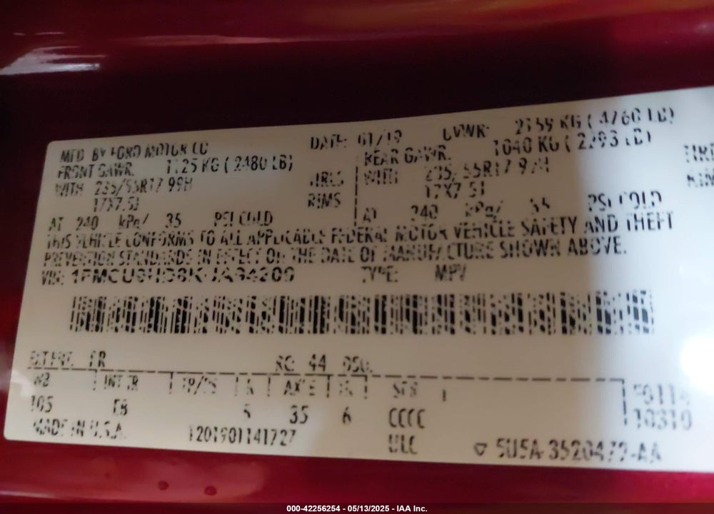 2019 FORD ESCAPE VIN: 1FMCU9HD8KUA94200