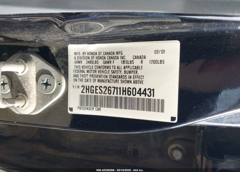 2001 HONDA CIVIC VIN: 2HGES26711H604431