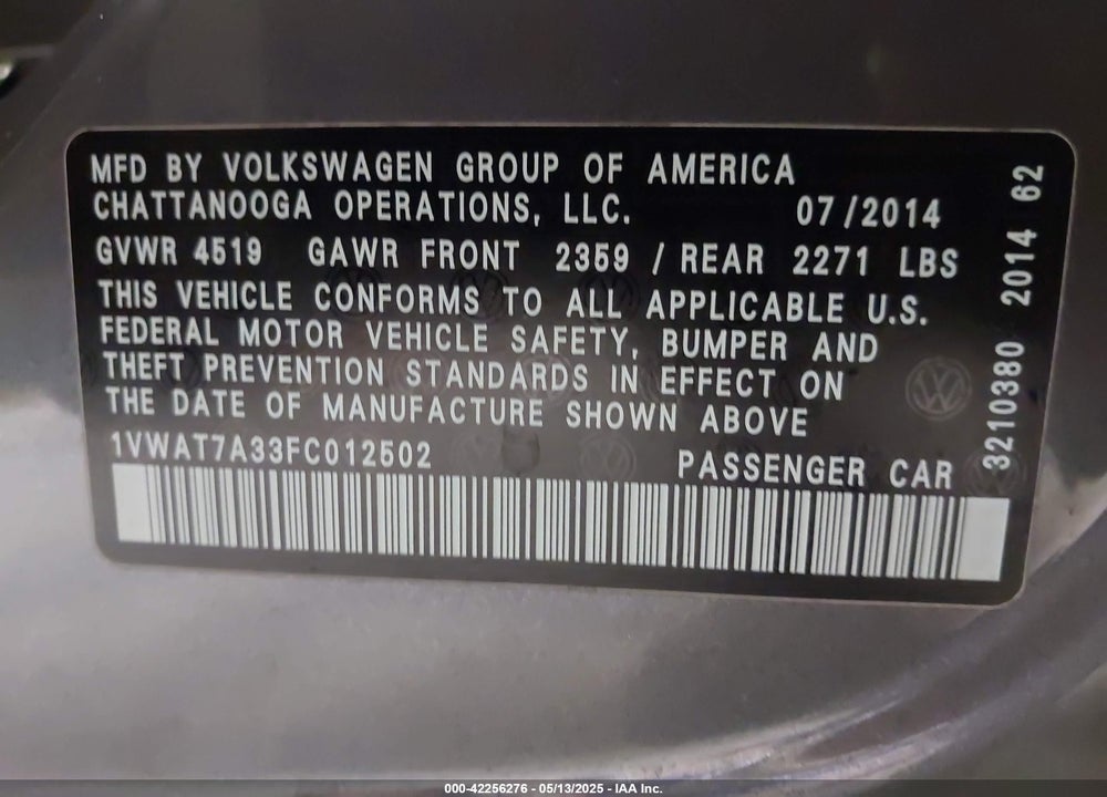 2015 VOLKSWAGEN PASSAT 1.8T S VIN: 1VWAT7A33FC012502