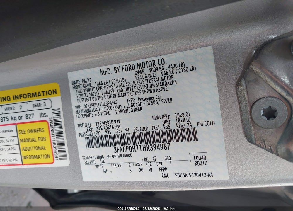 2017 FORD FUSION VIN: 3FA6P0H71HR394987