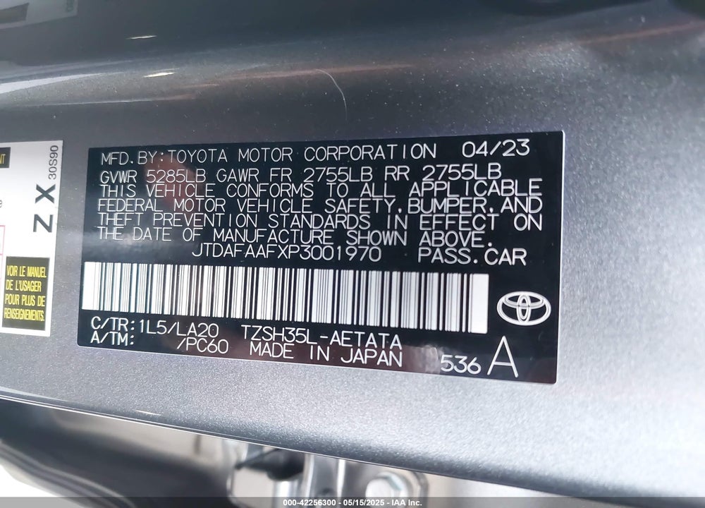 2023 TOYOTA CROWN PLATINUM VIN: JTDAFAAFXP3001970