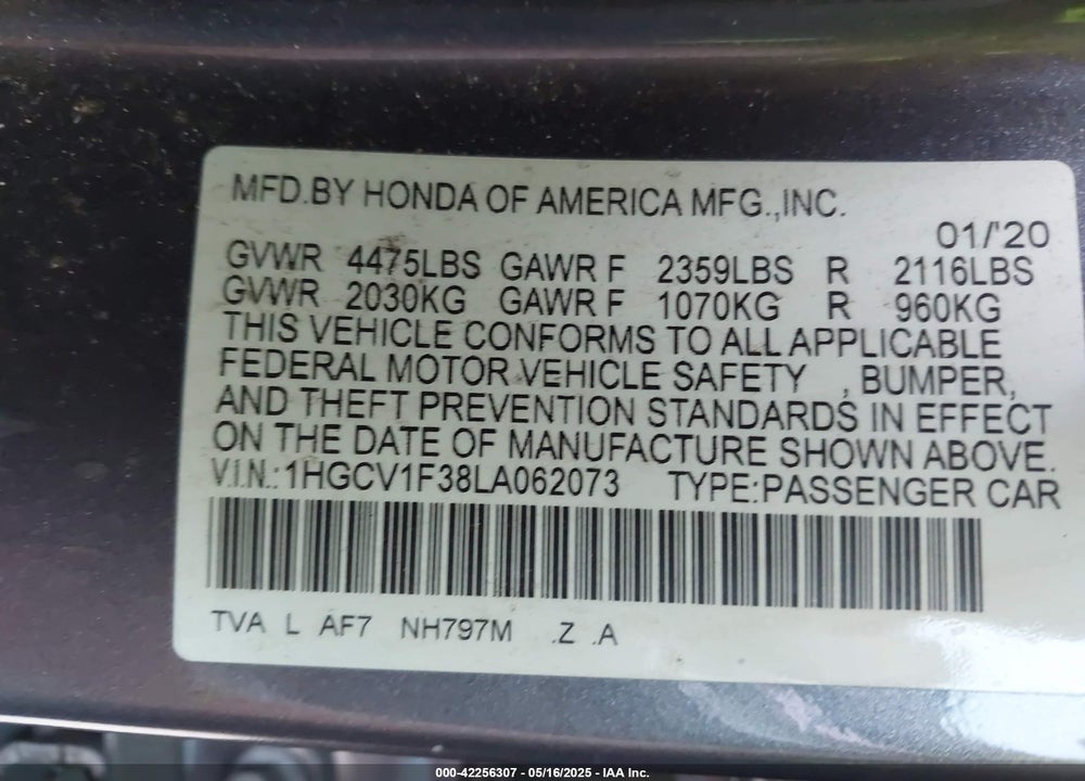 2020 HONDA ACCORD VIN: 1HGCV1F38LA062073