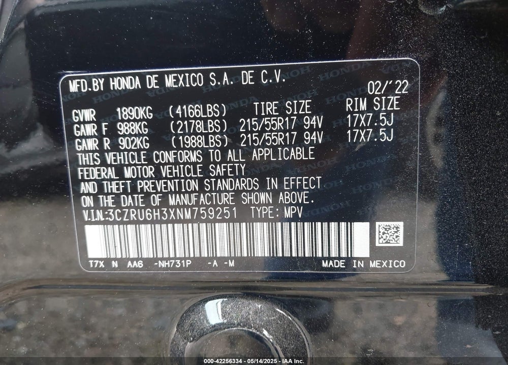 2022 HONDA HR-V VIN: 3CZRU6H3XNM759251