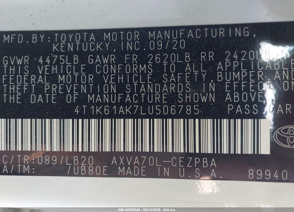 2020 TOYOTA CAMRY VIN: 4T1K61AK7LU506785