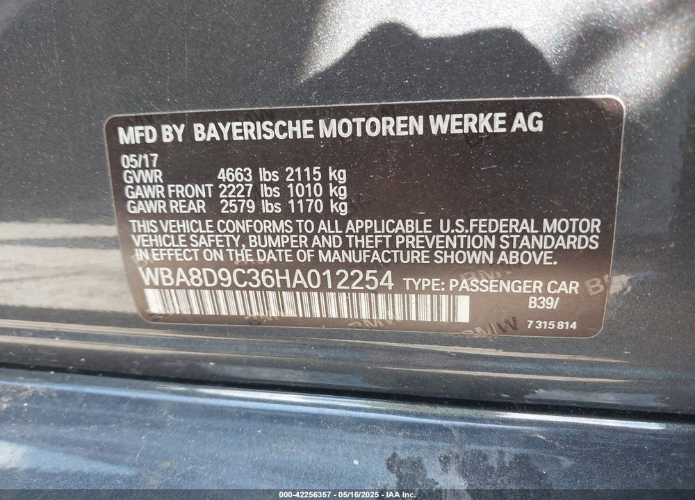 2017 BMW 330I XDRIVE VIN: WBA8D9C36HA012254