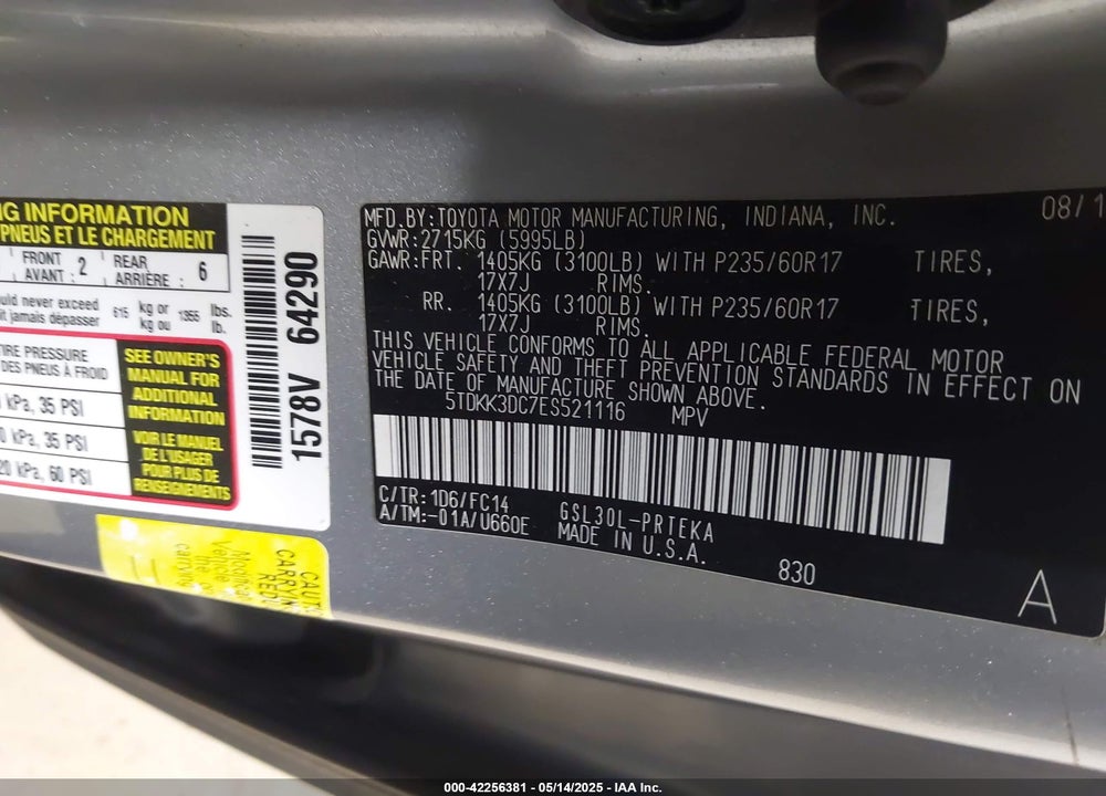 2014 TOYOTA SIENNA LE V6 8 PASSENGER VIN: 5TDKK3DC7ES521116
