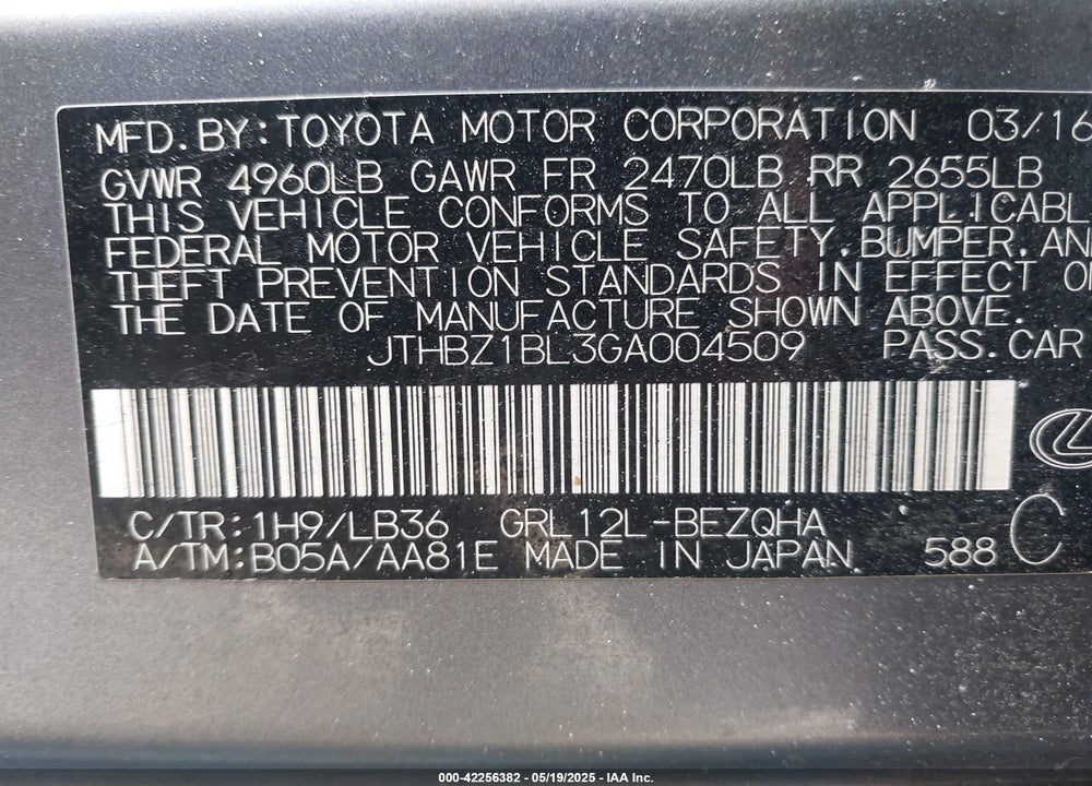 2016 LEXUS GS 350 VIN: JTHBZ1BL3GA004509