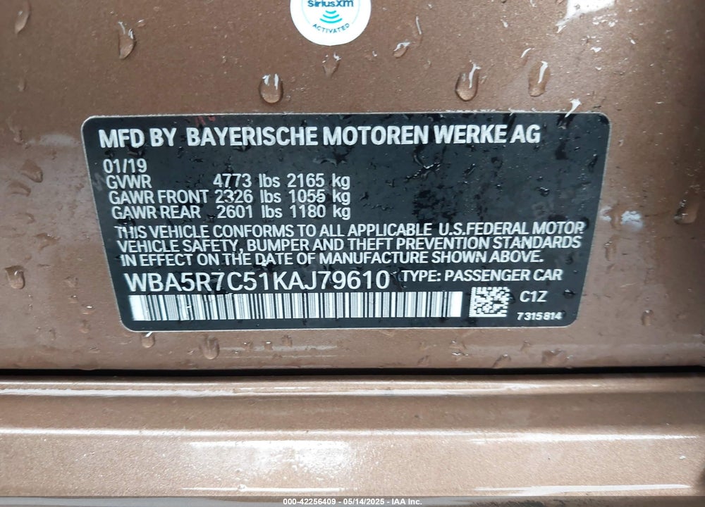 2019 BMW 3 SERIES VIN: WBA5R7C51KAJ79610