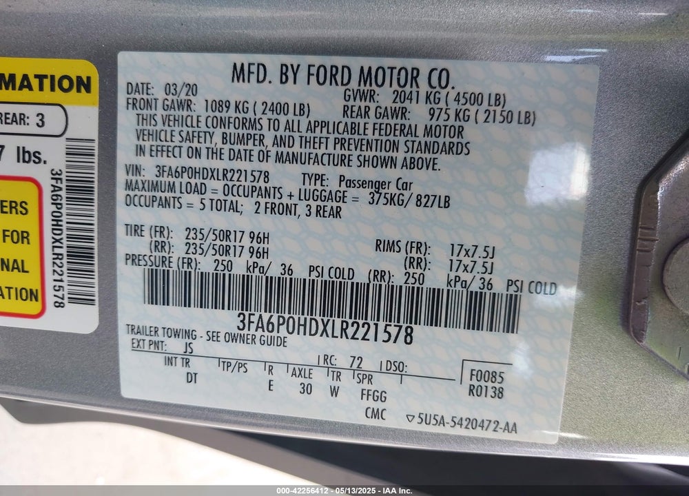 2020 FORD FUSION VIN: 3FA6P0HDXLR221578