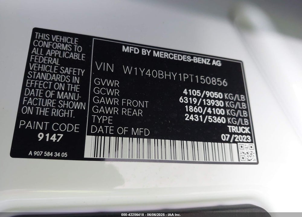 2023 MERCEDES-BENZ SPRINTER 2500 STANDARD ROOF 4-CYL GAS VIN: W1Y40BHY1PT150856