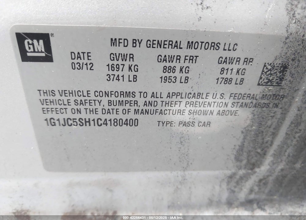 2012 CHEVROLET SONIC VIN: 1G1JC5SH1C4180400
