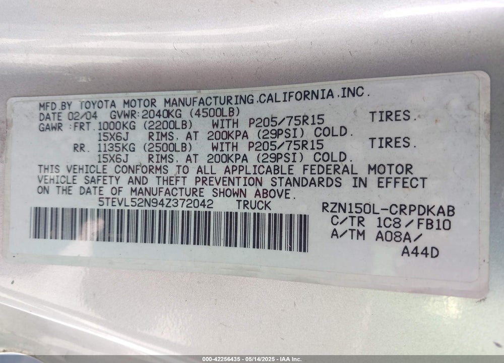 2004 TOYOTA TACOMA VIN: 5TEVL52N94Z372042