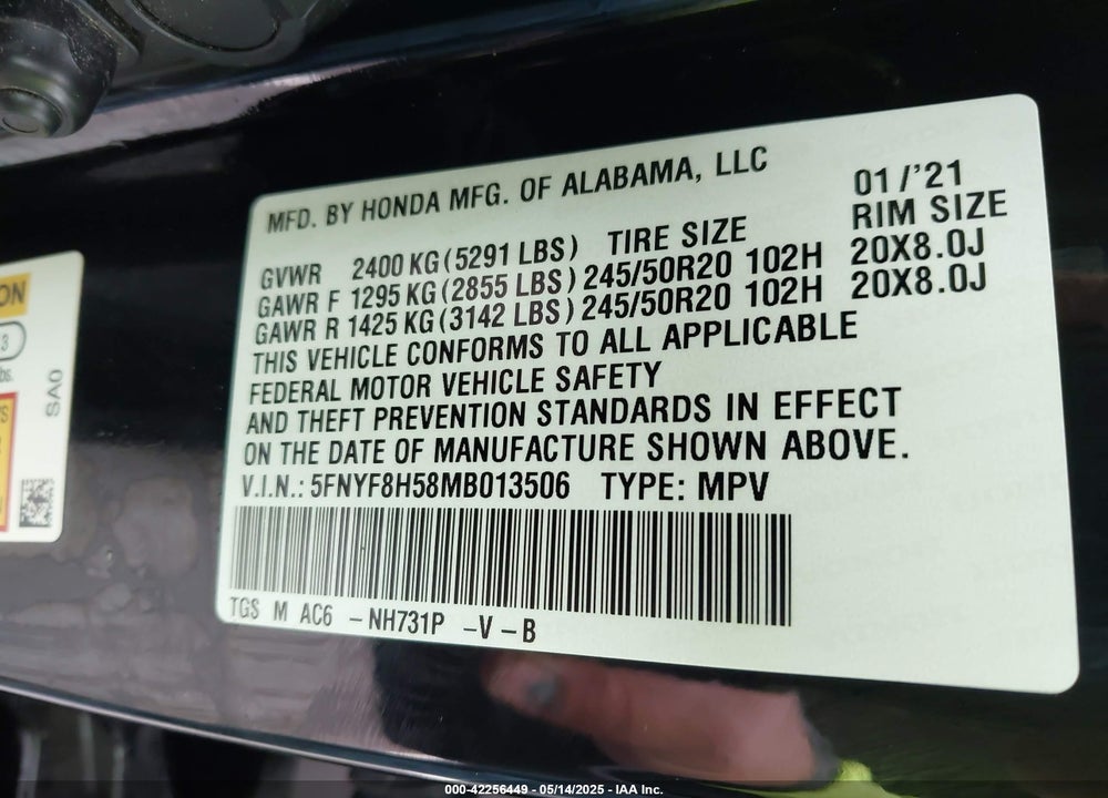 2021 HONDA PASSPORT VIN: 5FNYF8H58MB013506