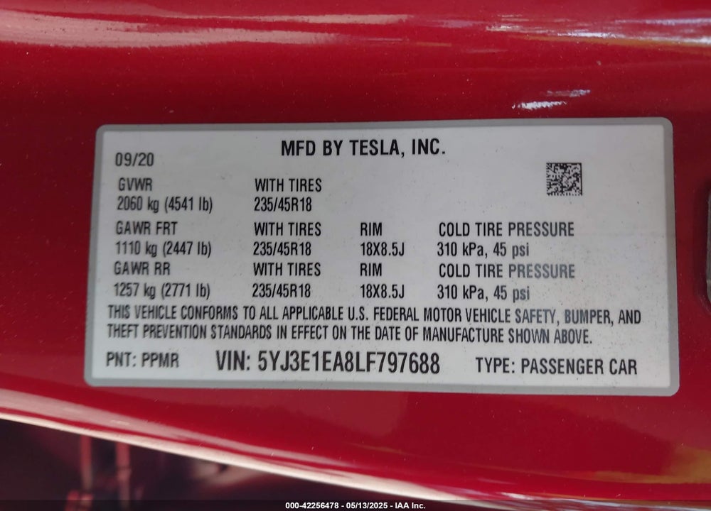 2020 TESLA MODEL 3 VIN: 5YJ3E1EA8LF797688